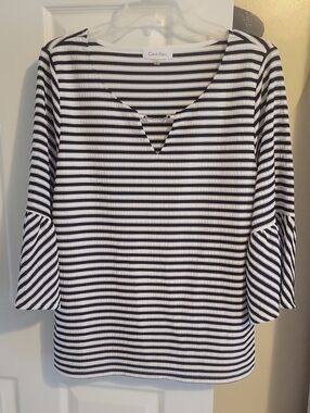 Calvin Klein SzLg Black & White Striped V-Notch Bell Sleeve Tunic